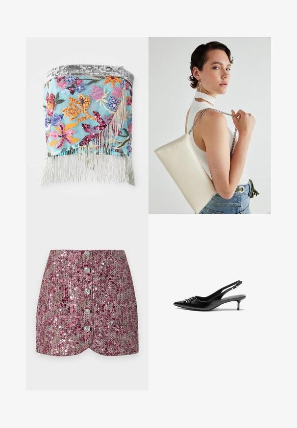 Izšūts ziedu wraps ar daudzkrāsainām spīdīgām pērlītēm uz gaiši zila fona; apakšējā malā ir sudraba pušķi.; Rozā sekvīnu svārki ar strukturētu audumu, ar pieguļošu dizainu un pieciem sudraba pogām priekšā. Formēta maliņa un mirdzoši akcenti.; Melni ādas sandales ar norādītu pirkstu, mazu kaķa papēdi un dekoratīvu mezglu detaļu priekšā. Gluda tekstūra visā virsmā.; Balts taisnstūra clutch soma, izgatavota no spīdīga materiāla, ar sudraba ķēdes siksnu. Modelis pozē, demonstrējot somu uz vienkārša fona.