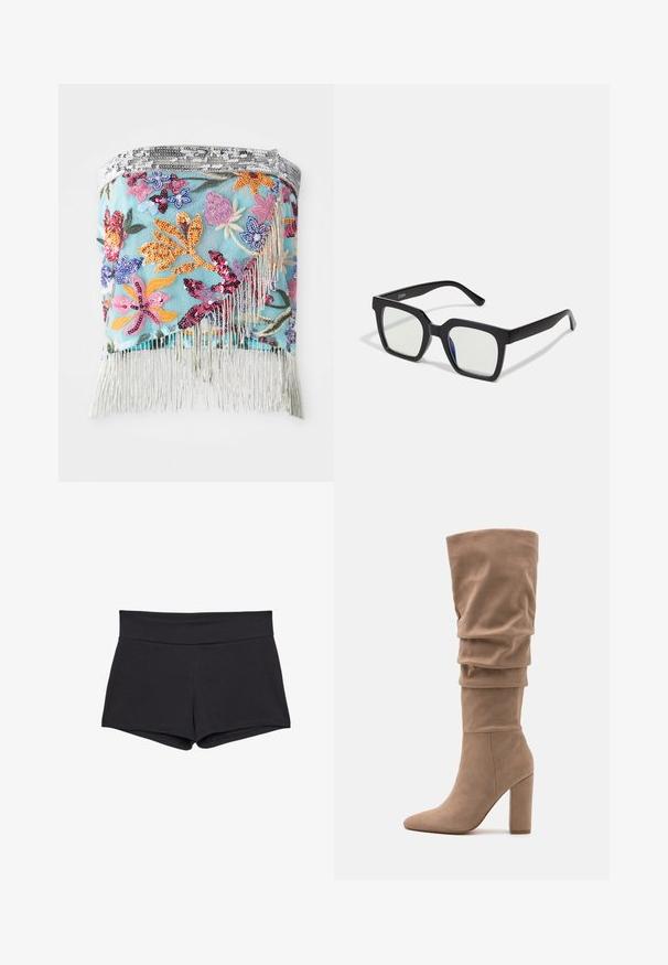 Embroidered floral wrap with multi-colored sequins on a light blue background; features silver fringe along the bottom edge.; Black, fitted shorts with a wide waistband, made of a soft, stretchy fabric. Hemlines are smooth with no visible fastenings or patterns.; Anna Field Boots - beige; Black square sunglasses with a matte finish, featuring transparent lenses and a slight blue tint on one side. Robust, angular design.; PULL&BEAR SHOPPER - Tote bag - grey
