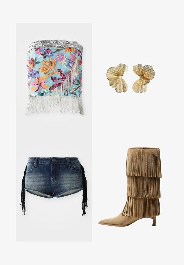 Geborduurde bloemenwikkel met multikleurige pailletten op een lichtblauwe achtergrond; heeft zilveren franjes langs de onderste rand.; Denim shorts in een verloop van blauw met een rafelige zoom en zwarte franjes aan de zijkanten, met voorzakken en een tailleband.; Franje enkellaars in tan suède met drie gelaagde franjes. V pointed toe en een lage blokhak. Gladde textuur overal.; Goudkleurige bloemvormige oorbellen met gelaagde bloemblaadjes, voorzien van een gestructureerde afwerking en een centrale kraaldetail.
