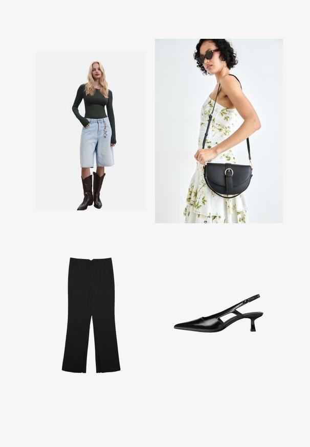 Mörkgrön långärmad topp i kombination med ljusblå denimbermudashorts och bruna cowboyboots, med en dekorativ charm på shortsen.; Svarta byxor med rak passform, utrustade med framfickor och sidoklyvningar vid fållen. Tillverkade av mjukt, slätt tyg. Lämpliga för olika tillfällen.; Svart lackläder slingback-klackar med spetsig tå, utskuren sidor och en liten fyrkantig klack. Slät textur med minimala accenter.; Svart läderhandväska med en böjd form, avtagbar rem och guldiga detaljer. Väskan har ett lock med en spänndetalj.