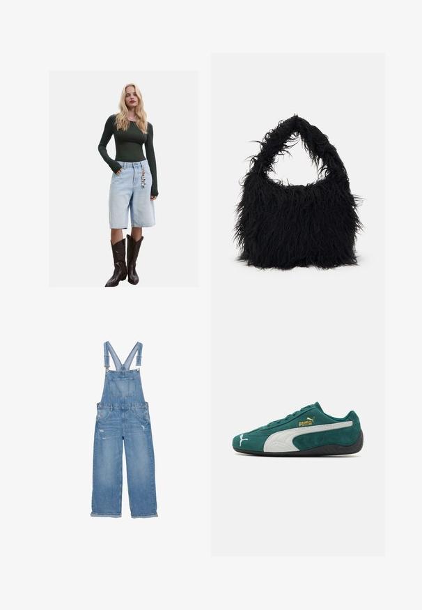 Tyrkysová dlouhá rukávová blůza spárovaná se světlými modrými denimovými bermudami a hnědými kovbojskými botami, které mají dekorativní přívěsek.; Džínové overalové kalhoty ve světle modré barvě, s nastavitelnými ramínky, přední kapsou, bočními knoflíky a otrhanými detaily na nohách.; Zelené semišové tenisky s bílými a šedými akcenty, texturovaným povrchem, plochou gumovou podrážkou a zlatým logem na boku.; Even&Odd Velká kabelka - black