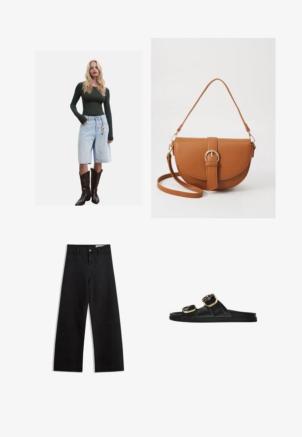 Langärmliges dunkelt Grünes Oberteil kombiniert mit hellblauen Denim-Bermuda-Shorts und braunen Cowboy-Stiefeln, mit einem dekorativen Charm an den Shorts.; Schwarze weit geschnittene Jeans mit hoher Taille, ausgestattet mit Vorder- und Hintertaschen, gesteppten Nähten und einem Knopfverschluss. Glatte Textur.; Schwarze Riemensandale mit zwei goldenen Schnallendetails, glattem Material, flachem Sohlen und minimalistischer Gestaltung.; Braune Leder-Crossbody-Tasche mit geschwungener Form, goldfarbenen Beschlägen und einer Schnallenakzentuierung. Verfügt über einen abnehmbaren Schultergurt.