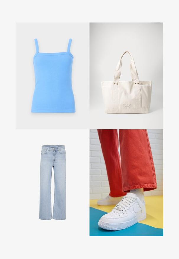 Gaiši zils ribota topiņš ar plānām plecu siksniņām, pieguļošs siluets un maiga tekstūra. Nav redzami raksti vai papildu detaļas.; Gaiši zilas platās kāja džinsu bikses, izgatavotas no denima. Iekļauj jostas cilpas, piecu kabatu dizainu un izšuvumus gar šuvēm.; Baltās ādas kedas ar perforētu purngalu, teksturētu zoli un baltām auklām, apvienotas ar platām sarkanām biksēm un zilu un dzeltenu fona.; Gaišbēšā krāsā auduma soma ar divām izturīgām rokturiem, kontrastējošu balto apdari un melno logotipu "THE NORTH FACE" priekšpusē.