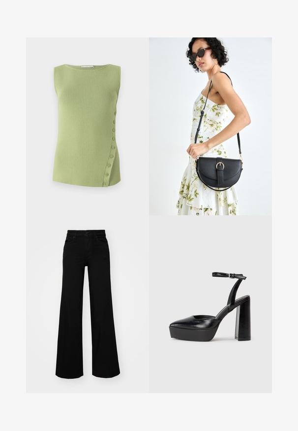 Canotta a coste verde chiaro con scollatura rotonda e dettaglio laterale con bottoni piccoli che scendono lungo il lato sinistro.; Pantaloni neri a gamba larga in denim, con una vita strutturata, passanti per la cintura e tasche frontali. Texture liscia con un design classico.; Tacchi a piattaforma neri con punta appuntita e cinturino regolabile alla caviglia. Realizzati in pelle liscia, presentano un tacco a blocco spesso.; Borsa a tracolla nera in pelle con una forma curva, manico rimovibile e accessori dorati. La borsa presenta una patta con un dettaglio a fibbia.