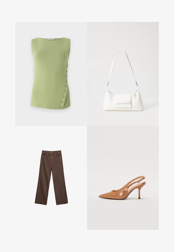 Svijetlozelena rebrasta majica bez rukava s okruglim izrezom i detaljem od dugmadi s lijeve strane, gdje se mala dugmad protežu niz bočnu stranu.; Proširene smeđe traperice od denima, s visokim strukom, prednjim džepovima i klasičnom kopčom na dugme. Glatka tekstura s suptilnim šavovima.; Sandal s petom u obliku šiljastog prsta od glatkog, sjajnog smeškastog materijala. Ima zakrivljeni izrez i vitku štiklu. Detalj s srebrnom kopčom.; Bijela sintetička torbica s trokutastim oblikom, ravnim prednjim poklopcem i detaljem u obliku mašne, podesivom remenom, glatkom teksturom i minimalističkim dizajnom.