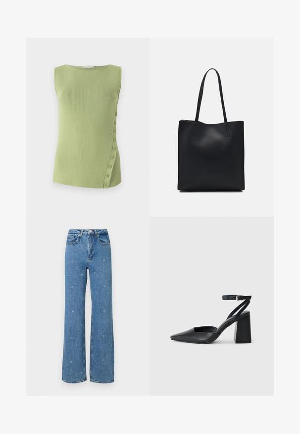Top sin mangas de color verde claro con canalé, escote redondo y detalle de botones en el lateral, con pequeños botones que bajan por el lado izquierdo.; Jeans de talle alto en azul, de pierna recta, con pequeños bordados de flores blancas esparcidos por la tela.; Zapato de tacón puntiagudo de cuero negro con tira en el tobillo y tacón ancho. Textura plana, diseño elegante y estética minimalista.; Bolso tote de cuero negro con textura lisa, forma rectangular y dos asas largas. Sin herrajes ni adornos visibles.
