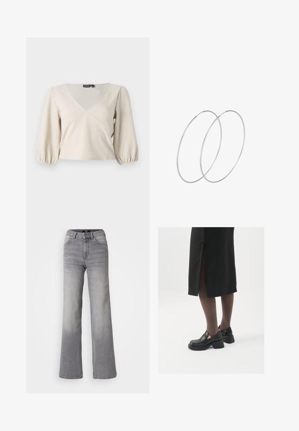 Helebeige pluus V-kaeluse, tekstureeritud kangaga ja 3/4 puffõlgadega. Omab liibuvat puusaosa ja kergeid gather'eid varrukatel.; Kõrge vöökoht, sirged hallid teksad, millel on ees nupp ja lukku, ees ja taga taskud ning hägune varjund reitel ja sääremarjadel.; Mustad mustad jalatsid ümmarguse varbaga, paksu plokkniidi ja elastsete külgdetailidega, kombineeritud tumedate sukkade ja musta lõhikuga seelikuga.; Hõbedased rõngastikkaehingad minimalistlikus disainis. Ümar kuju, sile tekstuur ja õhuke profiil. Kerged ning poleeritud viimistlusega.