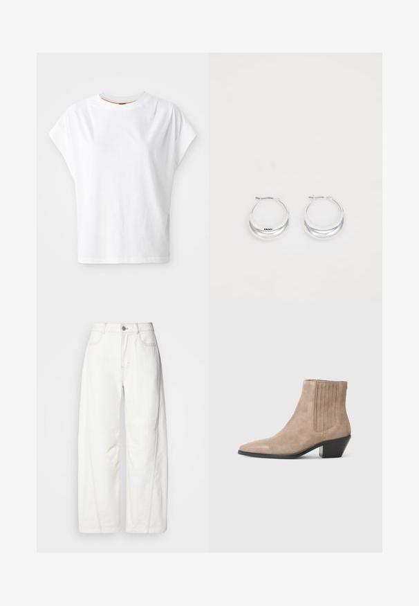 Valge lühikeste varrukatega T-särk, millel on lõtv lõige. Omab ümmargust kaela ja diskreetset logo detaili esiküljel. Valmistatud puuvillase kangaga.; Valge laia säärega teksapüksid, valmistatud denimist, millel on nähtav õmblus. Omavad nupplukku ja kergelt textuuri. Ees on taskud.; Beez suéde säärised jalaotsaga, millel on terav varvas ja vormitud konts, külgedel vertikaalsed õmblustooted.; Hõbedased rõngastekäevõrud poleeritud viimistlusega ja DKNY brändimisega, esitatud lihtsa valge tausta ees.