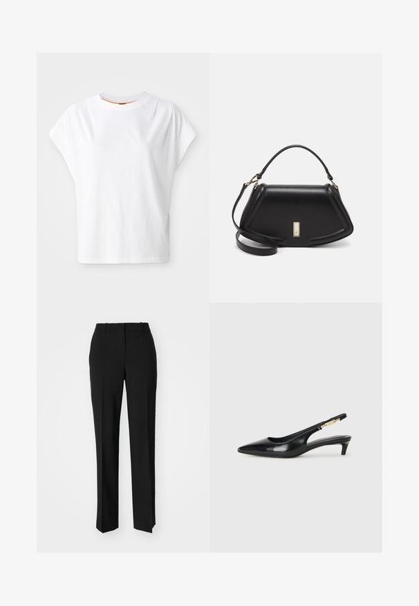 Tricou alb cu mânecă scurtă și croială lejeră. Are guler rotor și un detaliu subtil cu logo în față. Este fabricat din material din bumbac.; Pantaloni negri tailor-ed cu un design drept, având o textură fină și cute clare pe față. Fără elemente de prindere vizibile.; Sandale slingback din piele neagră cu vârf ascuțit, având un toc subțire și un accent de culoare aurie pe curea ajustabilă. Textură netedă.; Geantă de umăr din piele neagră, cu un design structurat, având o formă tăiată, mânere superioare și accente din aur. Include o curea de umăr ajustabilă.