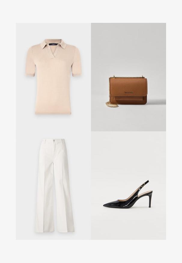 Beež lühikeste varrukatega polo särk, mis on valmistatud pehmest kudumisest. Omab V-kaelust ja soonikkoes varrukaotsi. Sile tekstuur ja vormi järgnev disain.; Valged laiade jalgadega püksid, mis on valmistatud siledast puuvillast. Omab esitallist ning lukuga sulgemist ja nelja tasku disaini.; Must hõbedavärvi patendiga slingback kontsakingad terava varbaga, kitsas konts ja peene lõikega disain. Statistika on kuldne pandla rihmal.; Pruun tekstureeritud nahk ristkeha kott kuldse ahelaga rihmaga ja klapiga sulgemine. Esiküljel on logo detail ja tasku klapi all.