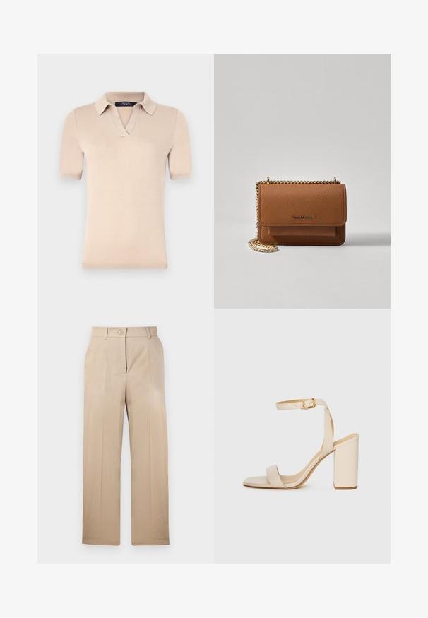 Beige polo shirt med korte ermer laget av myk strikket stoff. Har krage med V-hals og ribbestrikkede mansjetter. Jevn tekstur med en tettsittende fasong.; Beige bukser med lige snit, lavet af et glat stof. Har en enkelt knaplukning og to frontfolder. Standard taljedesign.; Beige høyhælte sandaler med firkantet tå, tynn ankelrem og blokk hæl. Glatt skinntekstur med gullspenne detaljer.; Brun teksturert lær crossover-veske med gullkjede-stropp og klaffelukking. Fronten har logo-detalj og en lomme under klaffen.