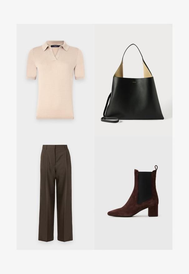 Polo cu mânecă scurtă de culoare bej, fabricat dintr-un material tricotat moale. Prezintă un guler în formă de V și manșete ribbed. Textură netedă, cu o formă ajustată.; Pantaloni largi maro, cu o textură netedă, având talie înaltă, plisse pe față și un design croitorie. Fără buzunare vizibile sau decorațiuni.; Botine din suede maro închis, cu toc pătrat, inserție elastică neagră pe lateral și bandă de prindere în spate, plasate pe un fundal deschis.; Geantă tote din piele neagră, cu un design spațios și unghiular. Dispune de un interior contrastant bej și o curea subțire pentru umăr. Branding minimalist afișat.