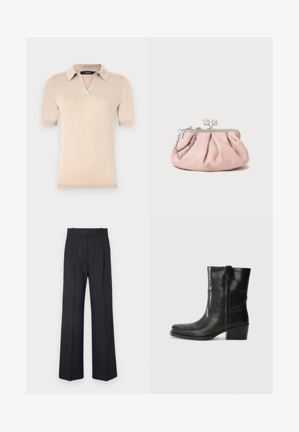 Beež lühikeste varrukatega polo särk, mis on valmistatud pehmest kudumisest. Omab V-kaelust ja soonikkoes varrukaotsi. Sile tekstuur ja vormi järgnev disain.; Tumed sinise triibuga püksid, kõrge vöökoht, laiad jalad ning ilma nähtavate metalldetailide või kaunistusteta. Sile tekstuur ja täpselt istuv lõige.; Musta nahast pahkluu saabas ümarate varvastega, plokknäppu, külgsepa ja pealsetel õmblusest aktsentidega. Sile tekstuur, klassikaline disain.; Roosa nahast käsikott voolava disainiga, metallraam, kaks ümmargust klambrit ja hõbedane kett. Sile tekstuur, kompaktne kuju.