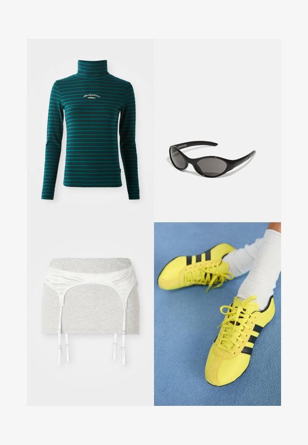 Long-sleeve turtleneck top in teal with dark blue horizontal stripes. Features a small white and gold logo on the chest. Soft, stretchy fabric.; Grey cotton fabric garment with a satin white waistband and four adjustable ribbons for garter purpose. Smooth texture, fitted design.; Bright yellow athletic shoes with black stripes and laces; features a textured upper and suede accents. Worn with white ribbed socks.; Black sunglasses with an oval shape and dark lenses. Sleek plastic frame with textured accents on the arms. Branding on the side.; Black leather handbag with two short handles, silver hardware, white accents, and a white logo. Features a textured surface and compact design.