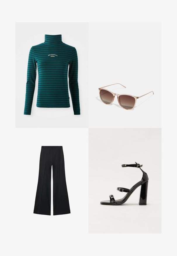 Zgornji del z dolgimi rokavi in turtleneck ovratnikom v smaragdno zeleni barvi s temno modrimi horizontalnimi črtami. Ima majhen bel in zlat logotip na prsih. Mehka in raztegljiva tkanina.; Črne široke hlače z gladko teksturo, ki imajo sprednje nabore in kroj po meri. Tkanina je lahka in zračna.; Črne lakirane sandale s peto, kvadratnim prstom, trakovi okrog gležnja in srebrnimi zaponkami. Opremljene so s stabilno Debelo peto.; Rjavi gradient sončna očala s prozornim roza okvirjem, kvadratne oblike in tankimi kovinskimi ročaji. Imajo zaobljene robove in minimalne detajle.