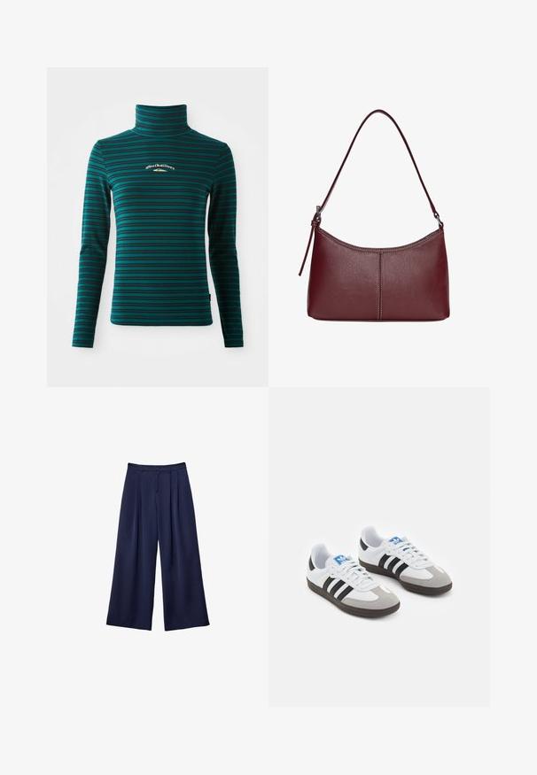Long-sleeve turtleneck top in teal with dark blue horizontal stripes. Features a small white and gold logo on the chest. Soft, stretchy fabric.; Navy blue wide-leg trousers with pleats, buttoned waistband, and belt loops, shown flat on a white background.; Sport shoes with a white leather upper, gray suede toe, and three black stripes. Features a blue logo on the tongue and a textured rubber sole.; Maroon leather handbag with a curved shape, a single shoulder strap, and stitched detailing at the center. Smooth texture, minimal hardware.