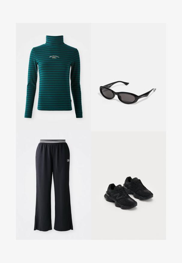 Langærmet turtleneck top i teal med mørkeblå vandrette striber. Har et lille hvidt og guld logo på brystet. Blødt, strækbart stof.; Sorte atletiske bukser med bred ben-design, elastisk talje med sorte og hvide striber, og sideskårne slitser i kanten.; Sorte sportssko med en struktureret overdel, der har et fremtrædende "N" logo, polstret sål og en slank, moderne silhuet.; Sorte ovale solbriller med mørke linser. Selen er slank, let blank plast med vinklede ender og subtil branding på stængerne.