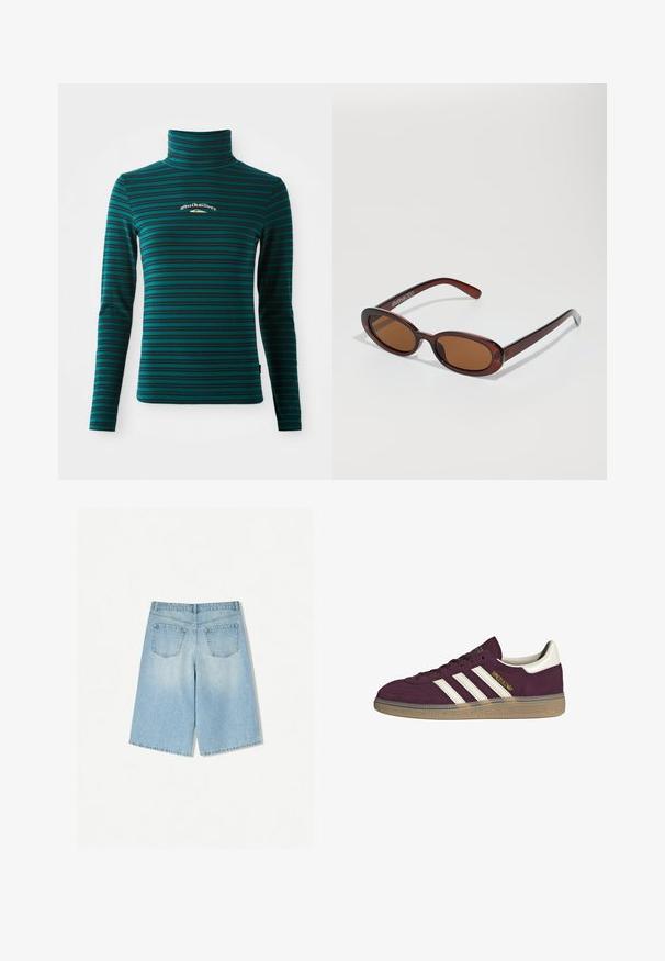 Long-sleeve turtleneck top in teal with dark blue horizontal stripes. Features a small white and gold logo on the chest. Soft, stretchy fabric.; Light blue denim shorts with a relaxed fit, featuring two back pockets and a straight leg design. Clean hem and soft texture.; Maroon suede sneaker with white three stripes and beige accents. Features a textured rubber sole and gold branding on the side.; Round, brown-tinted sunglasses with a glossy burgundy frame. Slim arms with subtle branding detail. Flat lens design.; Brown woven leather handbag with a slouchy, triangular shape. Features a braided handle and a zipper closure along the top.
