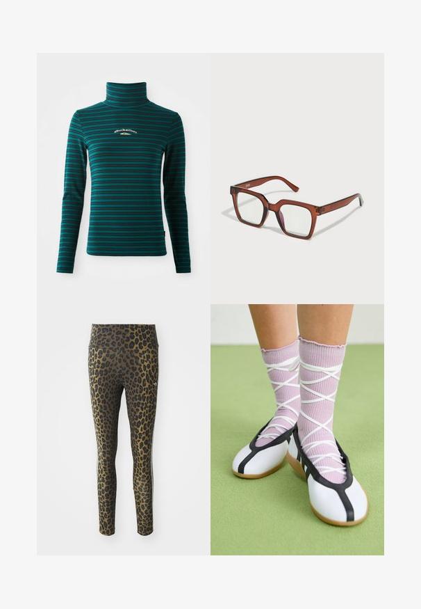 Langsleeve coltrui in teal met donkerblauwe horizontale strepen. Heeft een klein wit en goud logo op de borst. Zachte, rekbare stof.; Leggings met luipaardprint, voorzien van een hoge tailleband, rekbare stof en zwarte accenten op een lichtbruine basis, ontworpen voor comfort en pasvorm.; Witte platte schoenen met een zwarte bies en zool, gecombineerd met lichtpaarse geribde sokken met witte kruislings banden. Geplaatst op een groene achtergrond.; Bruine oversized rechthoekige bril met heldere lenzen en een lichte roze tint op de rechterlens. Kunststof montuur met een fijne textuur.