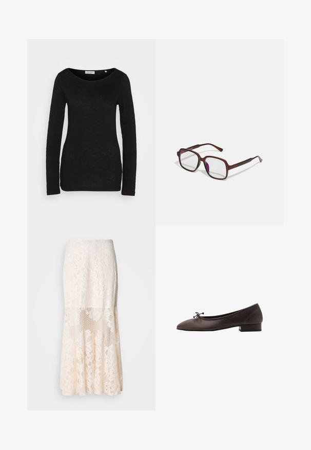 Sort langærmet top med bred rund halsudskæring, lavet af et tekstureret stof. Har tætsiddende ærmer og en slank silhuet.; Blomsterdenim midi-skirt i crème; har et lagdelt design med gennemsigtige sektioner, struktureret blonder og en udfladning. ; Brune læder balletflade med rund tå og lille blokhæl. Har en tynd sløjfe foran og diskrete syningsdetaljer.; Brune, rektangulære briller med gennemsigtige linser og lilla nuancer. Glat plastisk stel med lige tempelstænger og diskrete detaljer.