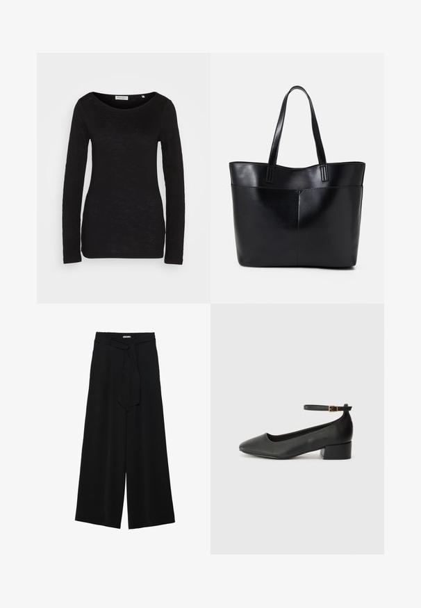 Black long-sleeve top with a wide scoop neckline, made from a textured fabric. Features fitted sleeves and a slim silhouette.; Black wide-leg pants featuring a textured fabric, an elastic waistband, and a detachable sash tie at the waist for adjustable fit.; Black leather pump with a pointed toe and a low block heel. Features an ankle strap with a gold-tone buckle. Smooth texture.; Black leather tote bag with two long handles, a smooth texture, and a structured shape. Features a front pocket for additional storage.