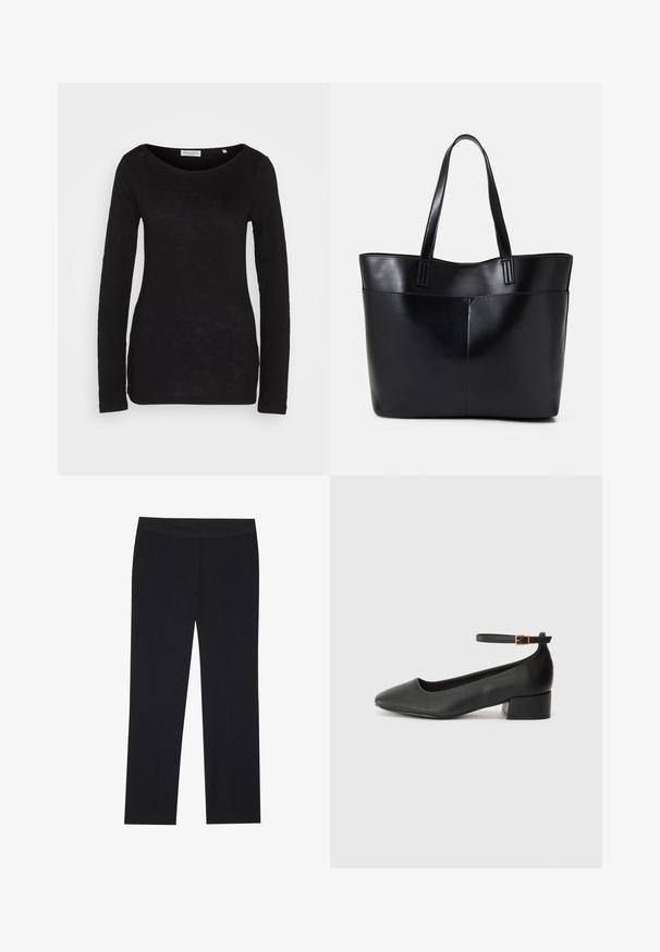 Schwarzes Langarm-Oberteil mit weitem Ausschnitt, aus einem strukturierten Stoff gefertigt. Verfügt über enganliegende Ärmel und eine schlanke Silhouette.; Schwarze Hose mit geradem Schnitt, ausgestattet mit seitlichen Taschen und einer glatten Stofftextur. Minimale Details, sauberen Bund.; Schwarze Lederpumps mit spitzem Zehenbereich und niedrigem Blockabsatz. Mit einem Knöchelriemen und einer goldfarbenen Schnalle. Glatte Textur.; Schwarze Leder-Shopper-Tasche mit zwei langen Griffen, einer glatten Textur und einer strukturierten Form. Verfügt über eine Vordertasche für zusätzlichen Stauraum.