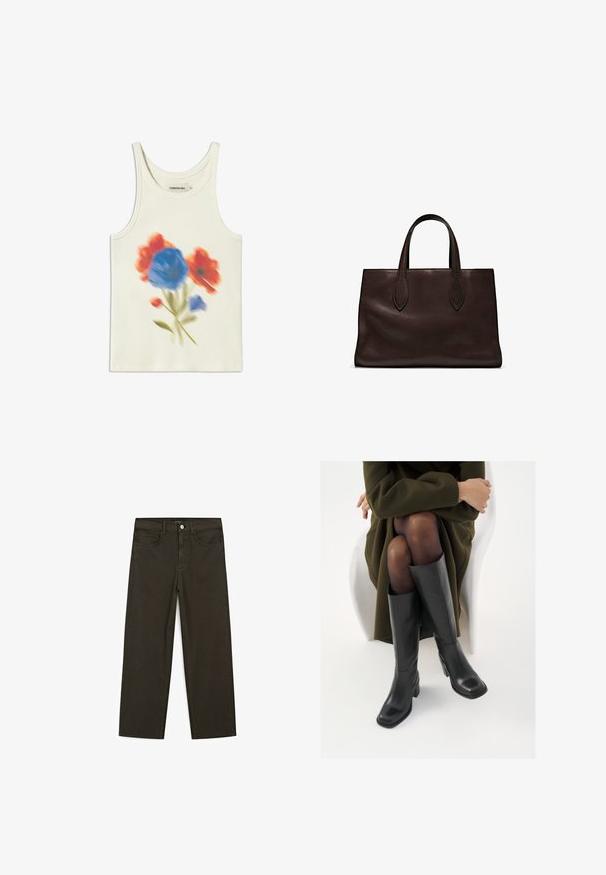 Thinking Mu HARRIET - T-shirt print - white; Donkergroene wijde jeans van een katoenmix, met een sluiting met een voorste knop, vijf zakken en klassieke denimstiksels.; Knieschijf hoge zwarte leren laarzen met een vierkante neus en blokhak, getoond met een model dat zit in een olijfgroene jas. Gladde textuur, minimale details.; Bruine leren tote bag met twee verlengde handvatten, gestructureerde rechthoekige vorm, gladde textuur en subtiele stiksels.