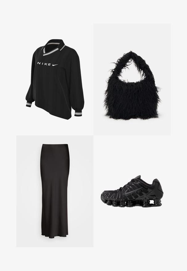 Nike Sportswear Polo - black/white; Falda larga de satén negra con una textura suave, cinturilla ajustada y silueta en A, que no presenta adornos ni patrones visibles.; Zapatilla deportiva negra con parte superior de malla y detalles brillantes. Presenta amortiguación de bobina curvada y líneas texturizadas en el lateral. Logotipo de Nike visible.; Even&Odd Bolso shopping - black