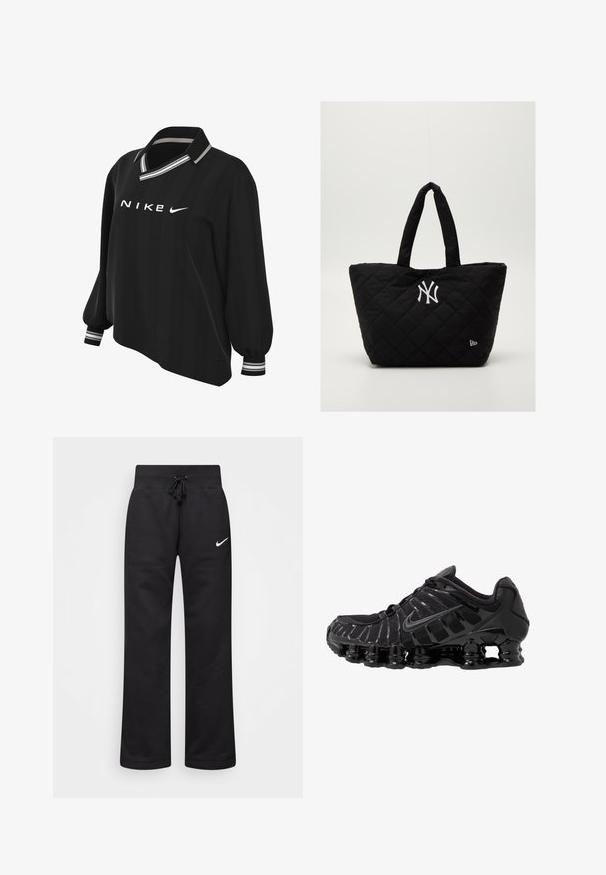 Nike Sportswear Polo shirt - black/white; Black sweatpants made of cotton blend, featuring a drawstring waistband, straight legs, and a white Nike logo on the left side.; Black athletic shoe with mesh upper and glossy overlays. Features curved coil cushioning and textured lines on the side. Nike logo visible.; Quilted black tote bag with double handles, featuring a white New York Yankees logo and a small brand emblem on the side.