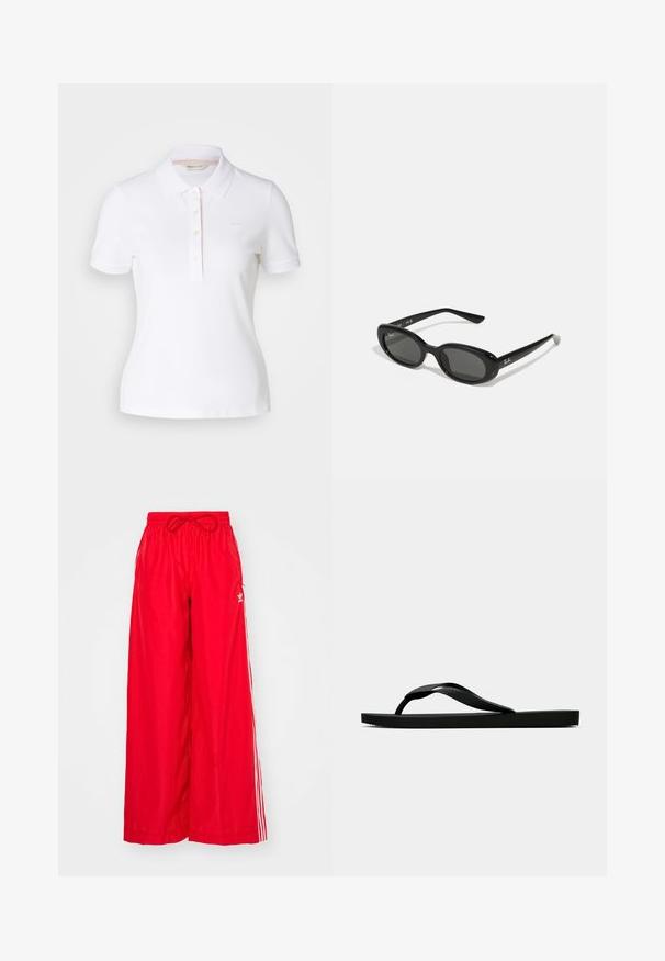 Camisa polo blanca con cuello clásico, mangas cortas, tapeta de cinco botones y un discreto logotipo tonal en el pecho; material de algodón.; Pantalones anchos rojos de tela ligera, con franjas laterales blancas y una cintura elástica con cordón.; Chancla de goma negra con una tira de dedo texturizada y una suela plana sencilla, vista de lado sobre un fondo claro y liso.; Gafas de sol negras con lentes ovalados, marco de plástico brillante y brazos delgados. Presenta el logotipo de Ray-Ban en blanco en el lateral.; Bolso de piel negra con una forma estructurada, una textura suave y una sola correa para el hombro. Presenta un diseño de tapa sutil y redondeado.