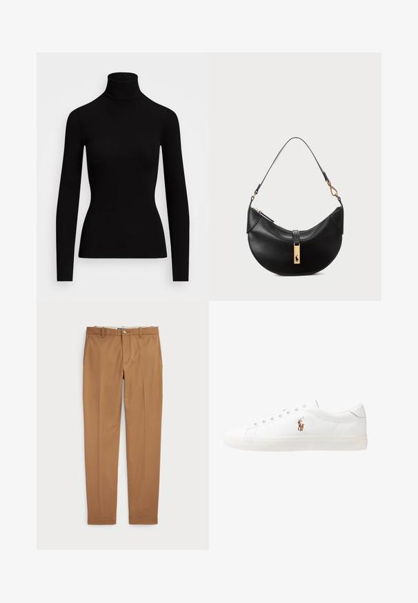 Polo Ralph Lauren STRETCH RIBBED TURTLENECK - Tops ar garām piedurknēm - black; Brūni kokvilnas bikses ar šauru piegriezumu, plakanu priekšpusi un standarta kabatām; gluda tekstūra un apšūti manšetes.; Baltas ādas sporta apavi, zema dizaina, ar gludu tekstūru, noapaļotu purngalu, ar auklēm priekšpusē un nelielu izšūtu logotipu sānos.; Melnas ādas rokas soma pusmēness formas. Iezīmē zelta metāla akcentus un šauru siksniņu. Gluda tekstūra, rāvējslēdzēja aizdare augšpusē.