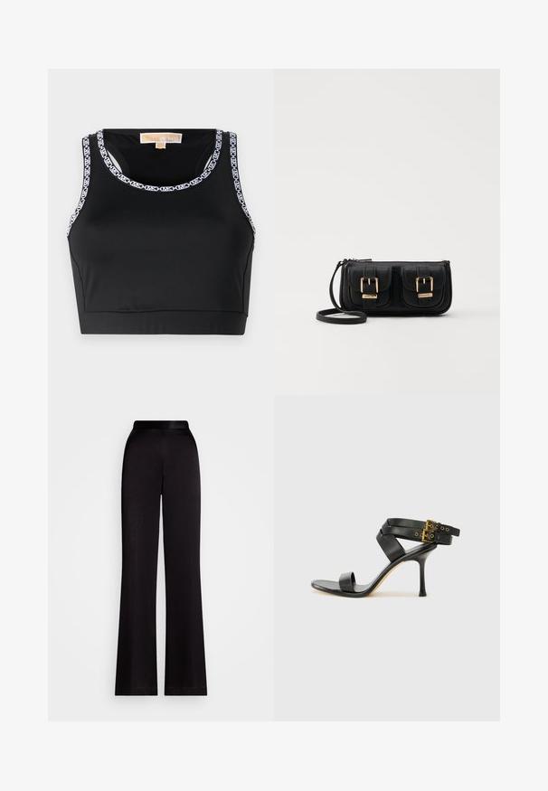Black crop top made of smooth fabric featuring a round neckline and contrasting white logo trim along the edges.; Black flared trousers made from a smooth fabric, featuring a high waistband and full-length design. No visible patterns or accents.; Black heeled sandal with crossed straps and adjustable buckle. Features a smooth texture and tapered stiletto heel.; Black leather crossbody bag with two front pockets, gold buckles, zipper closure, and a slim strap. Textured surface and compact rectangular shape.