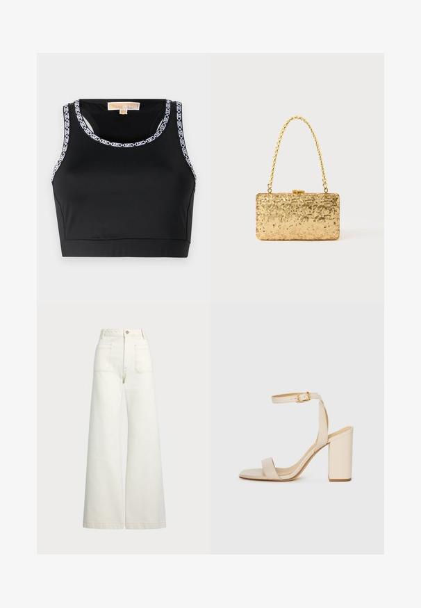 Sort crop top lavet af glat stof med rund halsudskæring og kontrasterende hvid logo trim langs kanterne.; Pæne brede jeans i off-white denim. Høj talje med knaplukning, to forlommer og detaljer med kontrastsyning.; Beige højhælede sandaler med firkantet tå, tynd ankelrem og blokhæl. Glat lædertekstur med detalje i guldspænde.; Gylden paliet pung i rektangulær form, med et snoet kædehåndtag og en metalspænde lukning, der reflekterer lys med en struktureret overflade.