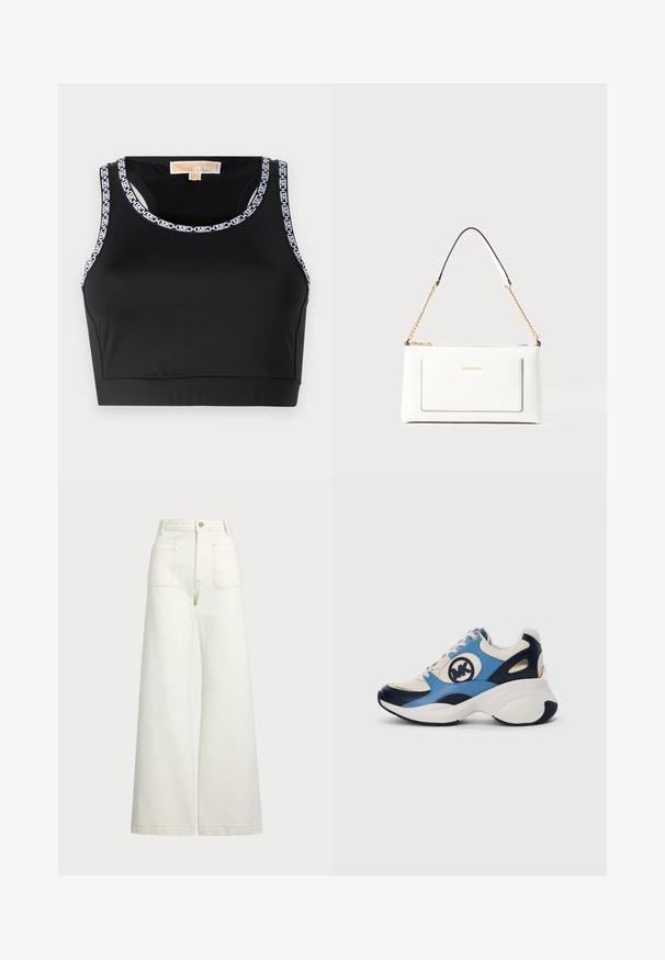 Svart crop top laget av glatt stoff med rund halsutskjæring og kontrasterende hvit logo kant langs kantene.; Vidde bukser i off-white denim. Høyt liv-design med knappelukking, to frontlommer og kontrastsøm detaljer.; Hvit, marineblå og lyseblå semsket sneakers med tykk såle og sirkulært brodert logo på siden.; Hvit lærveske med teksturert overflate, utstyrt med gullkjede for å bære over skulderen og svarte detaljer. Inkluderer en frontlomme og glidelås.