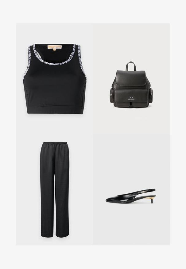 Top corto negro hecho de una tela suave que presenta un escote redondo y un borde de logo en blanco en los bordes.; Pantalones negros de corte holgado con una cintura elástica. Fabricados con un tejido suave, presentan una pierna recta y sin bolsillos ni adornos visibles.; Zapato de tacón tipo slingback negro con punta afilada, acabado en cuero brillante y un pequeño tacón con un acento dorado. Diseño elegante con parte trasera abierta.; Mochila de cuero negro con cierre de solapa, bolsillo frontal, compartimentos laterales con cremallera y asa superior. Presenta un detalle de logo en la parte frontal.