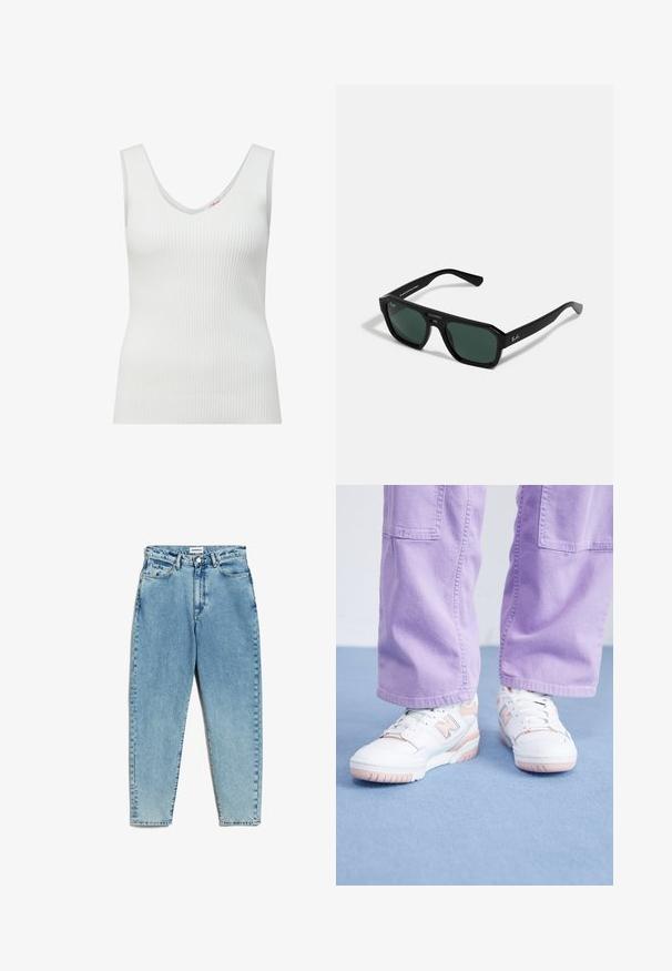 Witte geribbelde tanktop met een mouwloos ontwerp, diepe V-hals en een aansluitende pasvorm. De structuur is glad met een lichte rek.; Lichtblauwe denim jeans met een hoge taille, rechte pijpen en een vervaagde wassing. Bevat een knoopsluiting, riemlussen en klassieke zakken.; Witte sneakers met roze accenten, bovenkant van gestructureerd leer en rubberen zool, gecombineerd met lichtpaarse wijde broek op een blauwe ondergrond.; Zwarte rechthoekige zonnebril met groene lenzen. Gemaakt van plastic met een octagonale vorm en een gladde afwerking. Heeft het Ray-Ban-logo aan de zijkant.