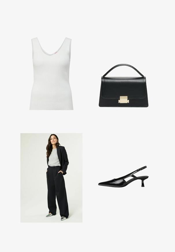 Weißes geripptes Tanktop mit ärmellosem Design, tiefem V-Ausschnitt und figurbetonter Silhouette. Die Textur ist glatt und hat einen leichten Stretch.; Schwarzer taillierter Blazer über einem hellgrauen T-Shirt, kombiniert mit weiten schwarzen Hosen und silbernen spitzen Ballerinas.; Schwarze Lackleder-Slingback-High Heels mit spitzer Zehenform, ausgeschnittenem Seitendesign und kleinem Blockabsatz. Glatte Textur mit minimalen Akzenten.; Schwarze Lederhandtasche mit strukturiertem Design, oberem Griff und einem goldenen Metallschnappverschluss auf der Vorderseite. Glatte Textur, minimale Nähte.