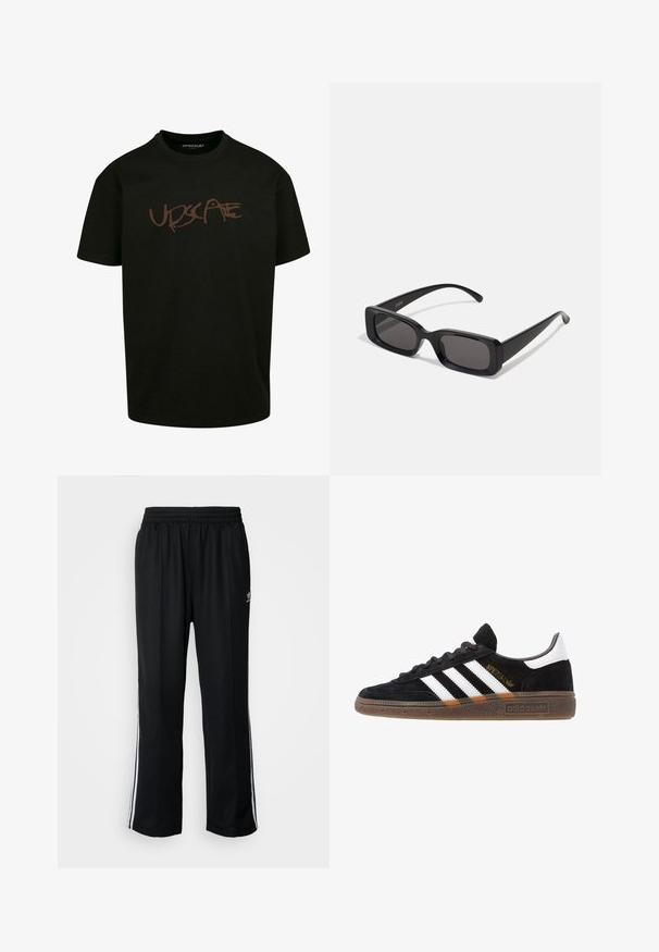 Črna majica iz bombaža, ki ima na sprednji strani rjavo tiskano logotip "UPDSCAPE" v stilu grafitov. Kratki rokavi, okroglo izrezana ovratnica.; Črne atletske hlače z elastičnim pasom, ki imajo bele stranske črte in majhen logo. Material izgleda mehak in lahek.; Črne Adidas superge z belimi črtami, zlatim napisom "Spezial", gumo podplatom in belim petnim delom, prikazane v stranskem pogledu.; Črne pravokotne sončna očala z temnimi lečami, sijajna površina, široka ročaja in masiven okvir. Vgravirano ime blagovne znamke na eni ročaji.; Črn platneno torba z strukturiranim, quilted vzorcem. Okrogla oblika, kratki, debeli ročaji in mehak, fleksibilen konstrukt.