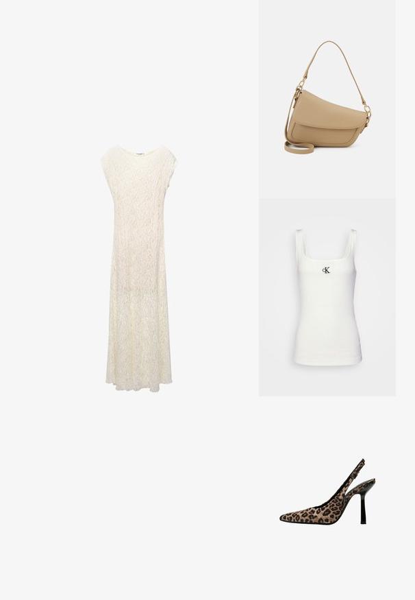 Bela bombažna majica brez rokavov s kvadratnim izrezom in ožjimi naramnicami. Na sprednji strani ima majhen črn vezene CK logotip.; Dolge čipkasté oblečenje v off-white barvi z ohlapnim krojem, kratkimi rokavi in cvetličnim vzorcem. Tkanina je pol-prosojna in ima tekoč silhueto.; Čevlji s peto v leopardjem vzorcu, s konicami, črnimi lakastimi detajli, tanko visoko peto in nastavljivim zaponko. Sintetični material.; Even&Odd Torbica - beige