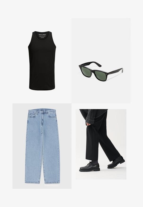 Must have puuvillasegust valmistatud must tank top, millel on klassikaline ümmargune kaelus ja ilma varrukateta disain. Üksluisem tekstuur, ilma mustrite või aktsentideta.; Heled sinise denimi sirgete põlvede lõikega teksad, millel on keskmise kõrgusega vöökoht, viis taskut ning nööbid ja tõmblukk.; Mustad mustad nahast kingad ümarate varvastega, nööridega disain ja paks tekstuurne talla. Kanda koos kohandatud mustade pükstega ja ribadega sviitriga.; Mustad mustan plastiku prillid roheliste läätsedega, ruudukujulised raamid, hõbedane aksent kulmude peal ja tekstuuriga tempelkäed. Brändi nimi on märgitud sisevarrele.; Kvarts kell, millel on hõbedane roostevabast terasest käevõru, ümmargune must kellanägu, valged tunni märgid ja kuupäeva kuva 3-kella kohal. Veekindel kuni 50 m.