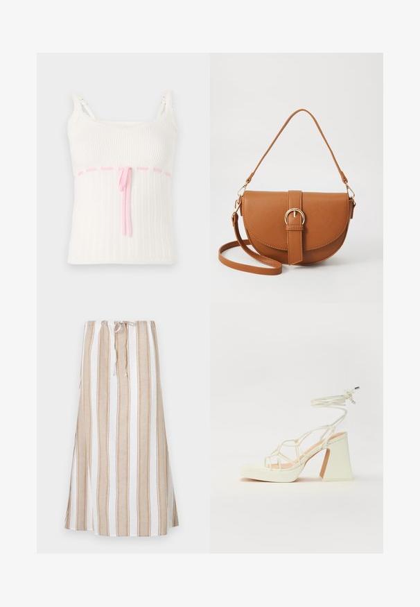 Camisola branca de alças canelada com um design ajustado, apresentando uma cintura com cordão rosa e acabamento em renda nas alças. Texturizada com um padrão subtil.; Saia riscada em branco e castanho claro, com uma cintura ajustável por cordão e um design longo e fluido. Feita de um tecido leve com um corte descontraído.; Sandálias brancas de salto alto com um salto robusto, apresentando um design com tiras e amarração no tornozelo. Textura suave com uma plataforma na frente para altura adicional.; Bolsa transversal de couro castanho com um formato curvado, ferragens douradas e um detalhe de fivela. Inclui uma alça de ombro destacável.