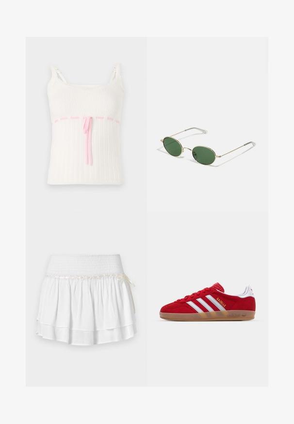 Valge ribaga tops, millel on liibuv disain, roosa paelaga vöökoht ja pitskaredusest nöörid õlgadel. Tekstuuritud peene mustriga.; Valge kihiline seelik elastse vöökoht, millel on tekstureeritud smocking detail ja dekoratiivne paela aktsent. Puuvillane kangas.; Punane sametist tennisekes, millel on valge kolmestriibuline disain ja kuldne "Gazelle" tekst. Varustatud kummist tallaga ja tekstureeritud kontsaga.; Kuldse raami päikeseprillid roheliste ovaalsete läätsedega ja õhukeste metallist varsidega. Varstest mugavuse tagamiseks on seljas selged plastotsi.