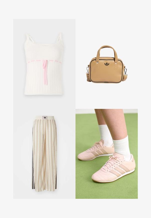 Fehér bordázott ujjatlan felső, amely testhez simuló fazonú, rózsaszín zsinórral ellátott derékrésszel és csipkés pántokkal rendelkezik. Finom mintázattal textúrázva.; Krém színű, széles szárú nadrág zigzag mintával, fekete logós derékrésszel és fekete oldalsávokkal. Könnyű, texturált anyag.; Világos rózsaszín sportcipők, átlós varrással, fehér talppal és három oldalsó csíkkal. Zöld felületen bordázott fehér zoknikkal viselve.; Brún vegán bőr táska két fogantyúval, levehető vállpánttal, fekete díszvarrással és egy kis fekete logóval az elején.
