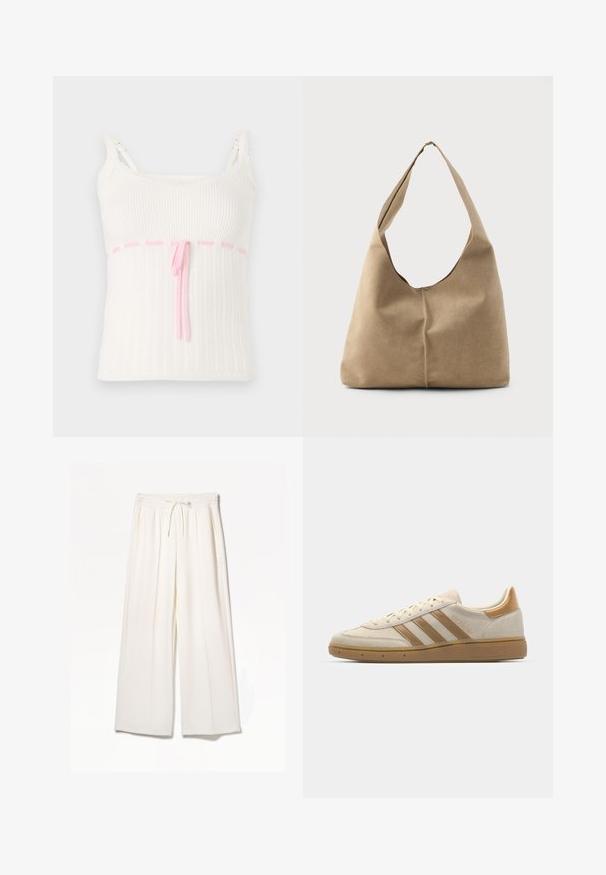 White ribbed tank top with a fitted design, featuring a pink drawstring waist and lace trim on the straps. Textured with a subtle pattern.; White wide-leg trousers made from lightweight fabric, featuring an elastic waistband, drawstring, and side pockets with no visible patterns.; Beige suede sneaker with light brown accents. Features three brown stripes, textured rubber sole, and a rounded toe design.; Hobo bag in soft beige suede with a slouchy shape, wide shoulder strap, and a hand-stitched seam detail along the front.