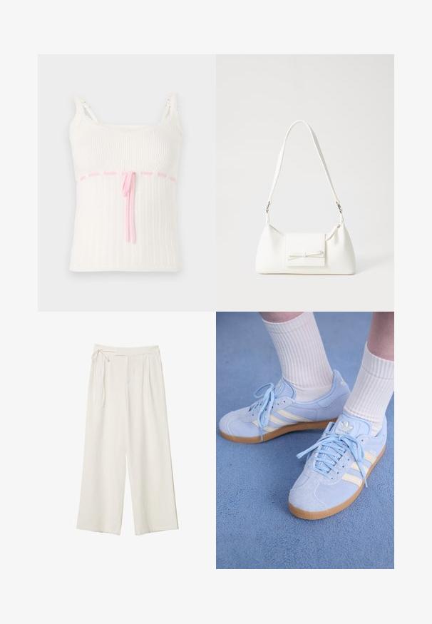 Biely rebrovaný top na ramienka s priliehavým strihom, s ružovou šnúrkou v páse a čipkovým lemovaním na ramienkach. Textúrovaný s jemným vzorom.; Dlhé nohavice v off-white materiáli s hladkou textúrou. Obsahujú viazaný pás a plisovaný predok, navrhnuté pre voľný strih.; Svetlo modré semišové tenisky s bielymi pruhmi, plochými šnúrkami a gumenou podrážkou. Nad členkami sú nosené rebrované biele ponožky.; Biela syntetická kabelka s trojuholníkovým tvarom, plochým predným klapkou a detailom mašle, nastaviteľným popruhom, hladkou textúrou a minimalistickým dizajnom.