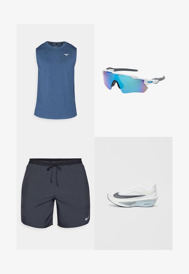 Mizuno IMPULSE CORE SLEEVELESS - Top - vintage indigo; Nike running shorts in dark gray, featuring an elastic waistband with a drawstring and a silver logo accent on the lower right leg.; White athletic shoe with a grey mesh upper, a blue ZoomX foam midsole, and a curved outsole for enhanced propulsion and comfort.; Sunglasses with a white frame, gray accents, and blue mirrored lenses. Sporty design, wraparound shape, and adjustable nose pads.
