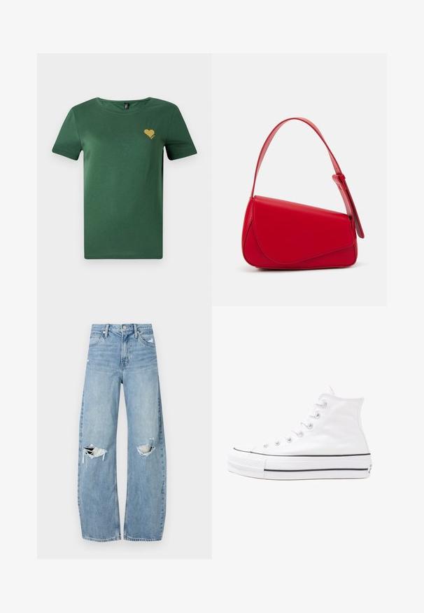 Roheline puuvillane T-särk ümmarguse kaelusega ja lühikeste varrukatega. Rinnal on väike kuldne südamegraafika. Pehme tekstuur, sportlik lõige.; Heledad hallideega sinised teksad, millel on kõrge talje. Teksade jalgadel on lai alus, kaks rebitud kohta põlvede ümber ning klassikaline viie tasku stiil.; Valge kõrgem kangast tenniseking, millel on must kummist tald, ees kummist varvasetugi ja kuus aukku paelte jaoks, pakkudes puhta ja minimalistliku disaini.; Punane nahast käekott, millel on nurkadega geomeetriline disain. Omab ühte reguleeritavat rihma ja klappidega sulgemist, millel on õmblustega kaunistused.