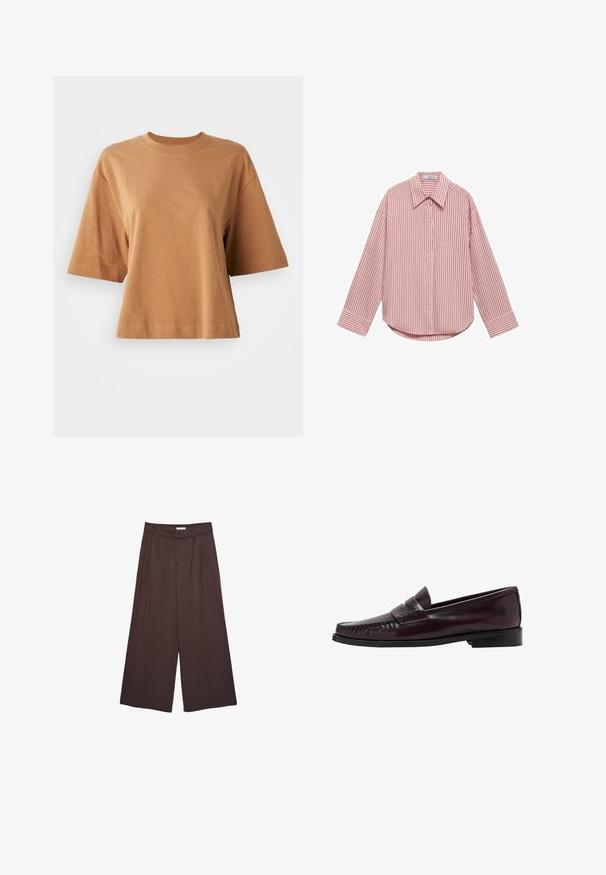 Kortärmad t-shirt med rund halsringning i ljusbrun bomull. Avslappnad passform med en mjuk textur och sömdetaljer längs ärmarna och fållen.; Långärmad skjorta i ljusrosa med vertikala vita ränder. Har en spetsig krage, framknappar och en rundad nederkant. Mjuk tyger texture.; Bruna vida byxor i mjukt tyg, med veck vid midjan och sidofickor. Skräddarsydd silhuett med en bekväm passform.; Mörkbrun läder penny loafer för män med svart sula och sömdetaljer längs tåpartiet, visad i sidoprofil.