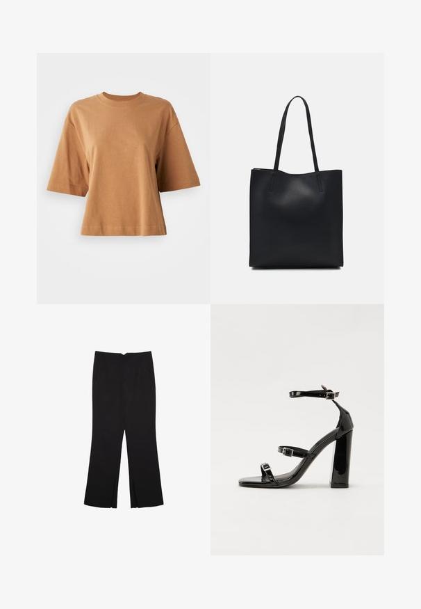 Lyhythihainen, pyöreäkauluksinen t-paita vaaleanruskeasta puuvillasta. Rennon mallinen, jossa on sileä pinta ja saumarakenne hihoissa ja helmassa.; Mustat housut suoralinjaisella leikkauksella, joissa on etutaskut ja sivurei'ät helman alla. Valmistettu pehmeästä ja sileästä kankaasta. Sopii eri tilaisuuksiin.; Musta kiiltävä korkokenkä sandaalit neliönmuotoisella varpaalla, nilkkaremmillä ja hopeisilla soljilla. Varustettu tukevalla lohkokorkealla vakauden takaamiseksi.; Mustapahkainen kangaskassi, jossa on sileä pinta, suorakaiteen muotoinen ja kaksi pitkää kahvaa. Ei näkyvää metalliosaa tai koristeita.