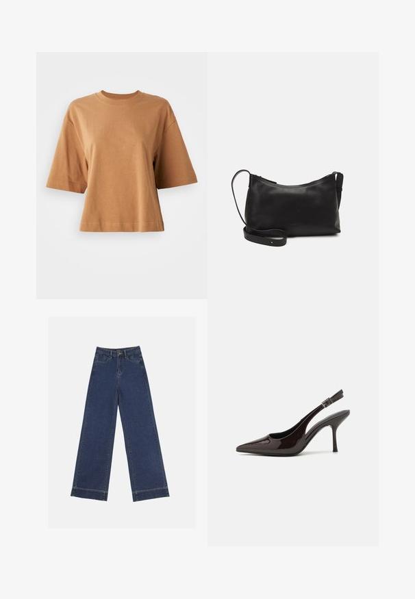 Lühikeste varrukatega, ümarate kraega T-särk heledast pruunist puuvillast. Mugav lõige, sile tekstuur ja õmblusdetailid varrukatel ning ääres.; Laiad püksid tumedast sinisest denimist. Omab viit taskut, vöölõke ja toore äärega allosas, kus on nähtavad õmblused.; Kare kõrge kontsaga king, läikiv tumepruun lakknahast, terava nina, avatud külgedega ja reguleeritava pahkluuringiga.; Mustmust nahk õlakotil on sile tekstuur, kumer kuju, reguleeritav rihm ja lukuga sulgemine. Minimalistlik disain ilma kaunistusteta.